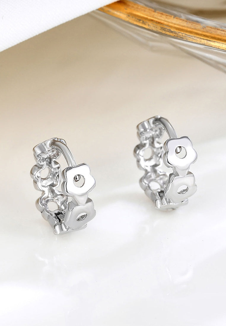 Set of 2 Pair Earrings - Sterling Silver Cutout Floral Clip Earrings