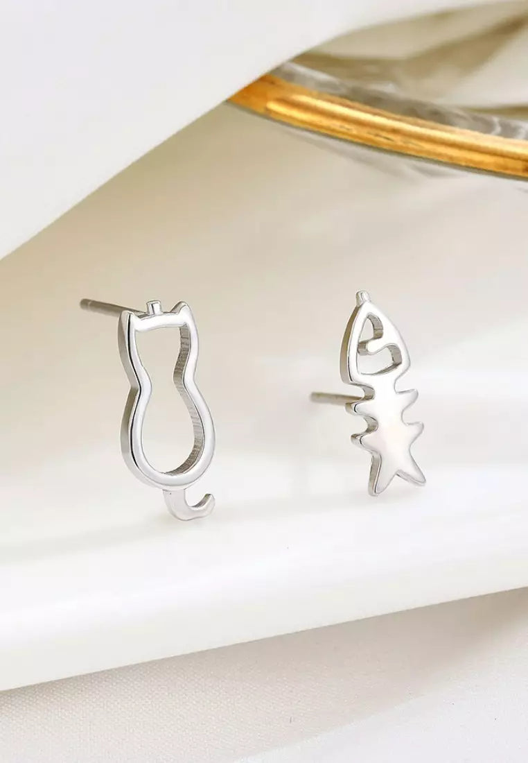 Fish Bone And Cat Earrings