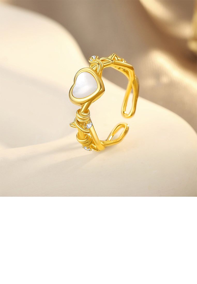 925 Sterling Silver Plated Gold Fashion And Romantic Heart-Shaped Mother-Of-Pearl Thorns Adjustable Open Ring With Cubic Zirconia - Luxurious Look