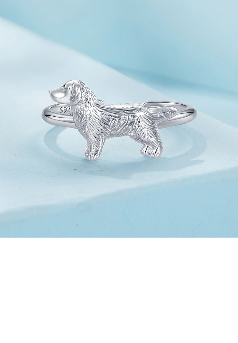 925 Sterling Silver Simple Cute Golden Retriever Dog Adjustable Open Ring