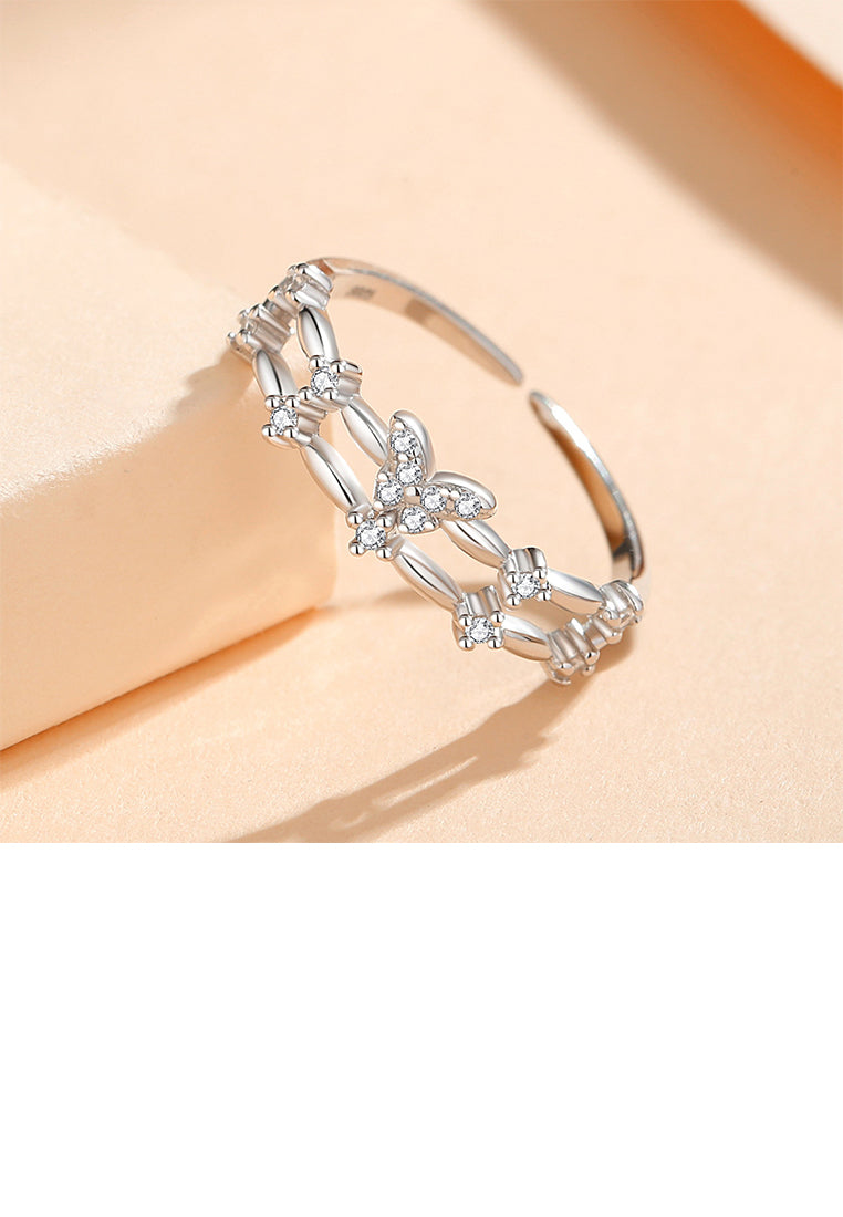 925 Sterling Silver Simple Temperament Butterfly Double Layer Adjustable Open Ring with Cubic Zirconia - Luxurious Look