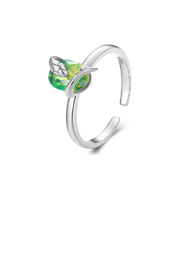 925 Sterling Silver Fashion Personality Small Snake Adjustable Open Ring with Green Cubic Zirconia - Luxurious Look