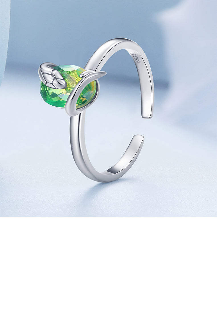 925 Sterling Silver Fashion Personality Small Snake Adjustable Open Ring with Green Cubic Zirconia - Luxurious Look