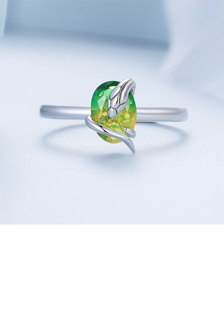 925 Sterling Silver Fashion Personality Small Snake Adjustable Open Ring with Green Cubic Zirconia - Luxurious Look