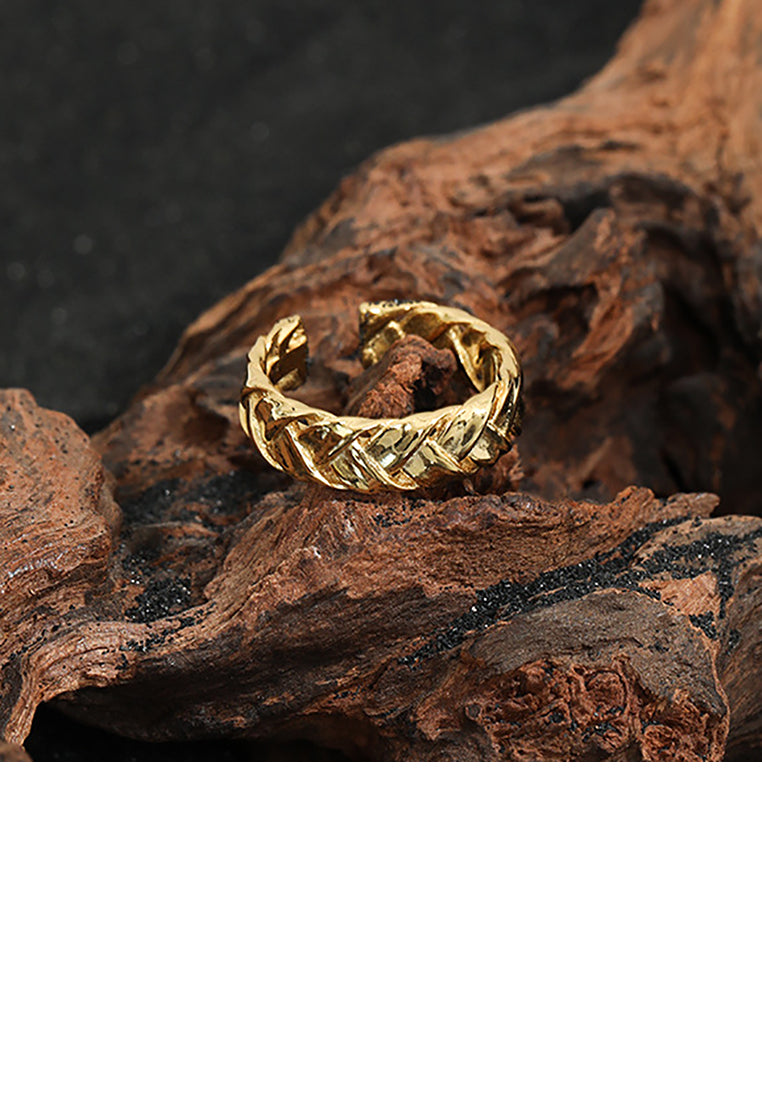 925 Sterling Silver Plated Gold Simple Fashion Interwoven Coarse Twist Geometric Adjustable Opening Ring