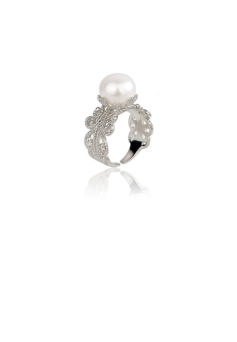 925 Sterling Silver Simple and Elegant Hollow Pattern Freshwater Pearl Adjustable Open Ring - Luxurious Look