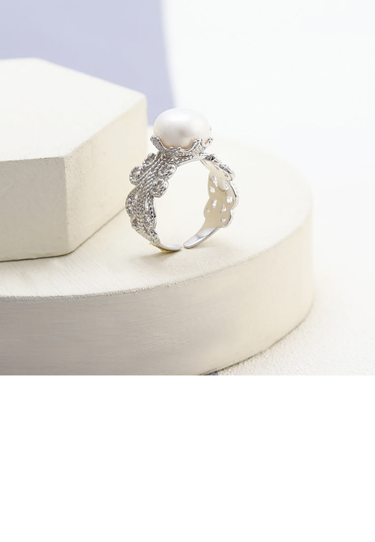 925 Sterling Silver Simple and Elegant Hollow Pattern Freshwater Pearl Adjustable Open Ring - Luxurious Look