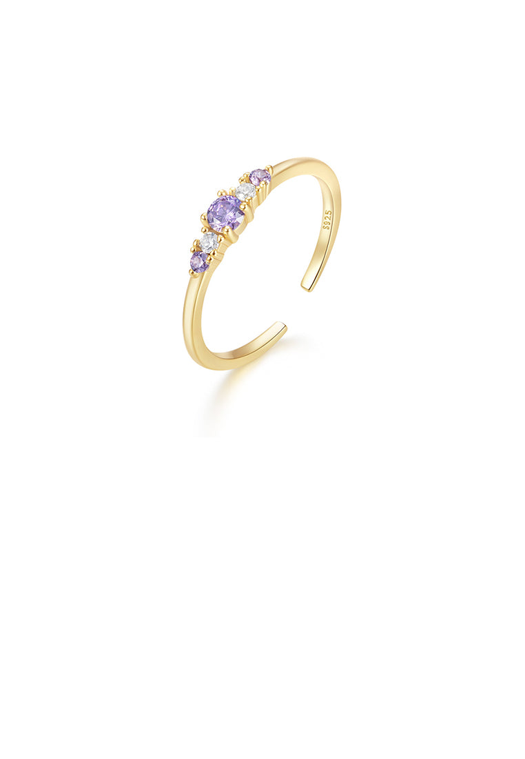 925 Sterling Silver Plated Gold Simple and Fashion Geometric Purple Cubic Zirconia Adjustable Open Ring - Luxurious Look