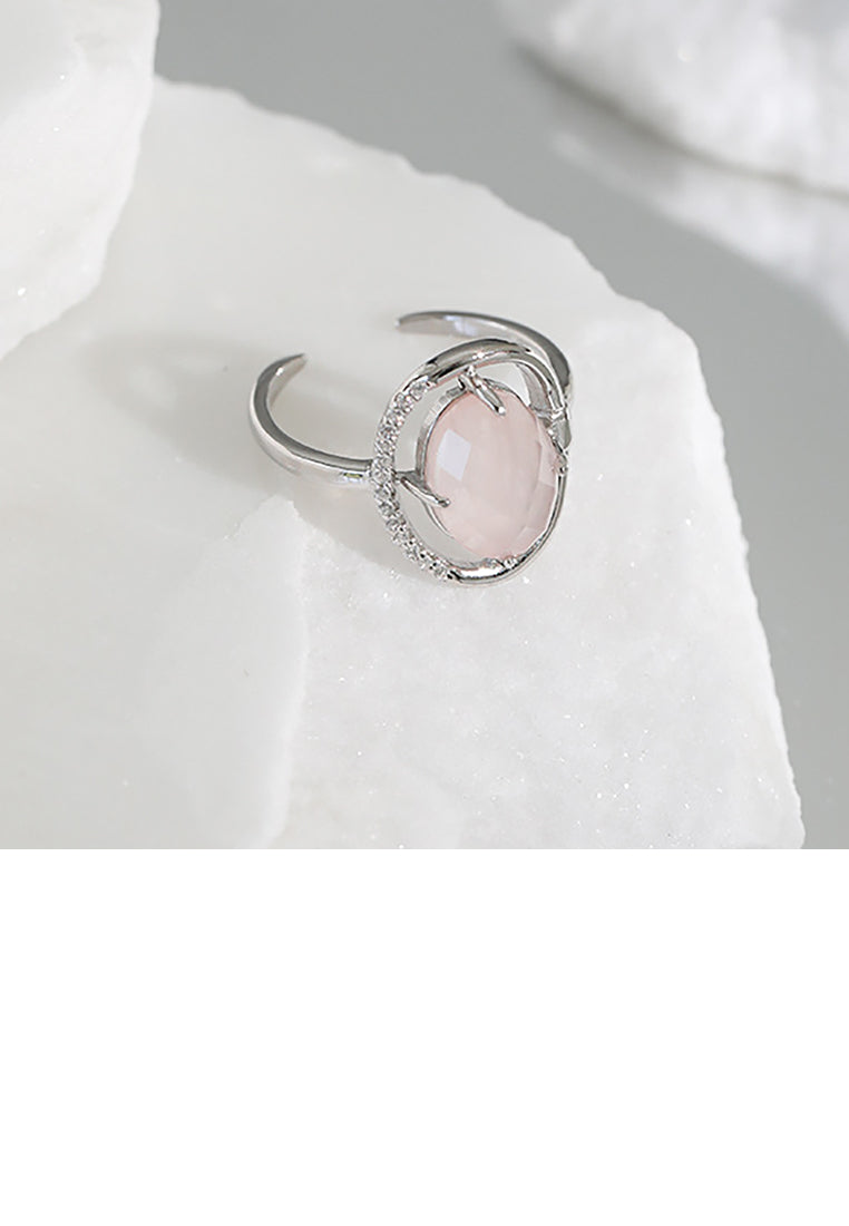 925 Sterling Silver Fashion Elegant Geometric Oval Pink Cubic Zirconia Adjustable Open Ring - Luxurious Look - Vibrant Color