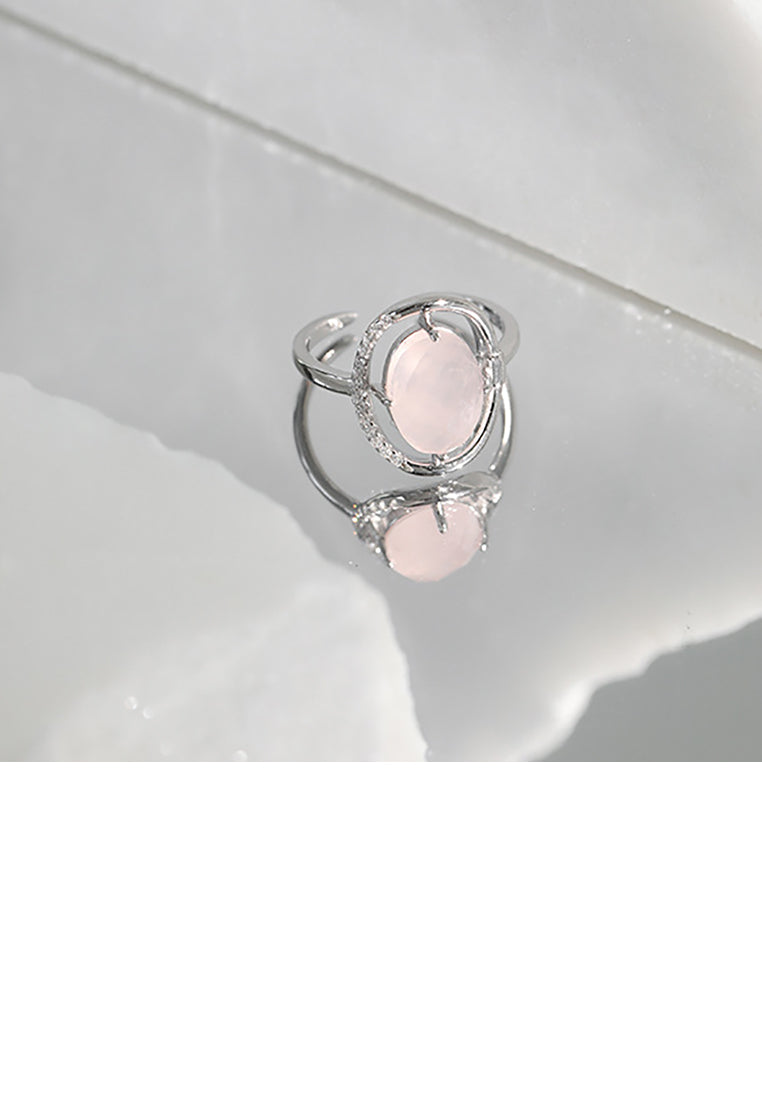 925 Sterling Silver Fashion Elegant Geometric Oval Pink Cubic Zirconia Adjustable Open Ring - Luxurious Look - Vibrant Color