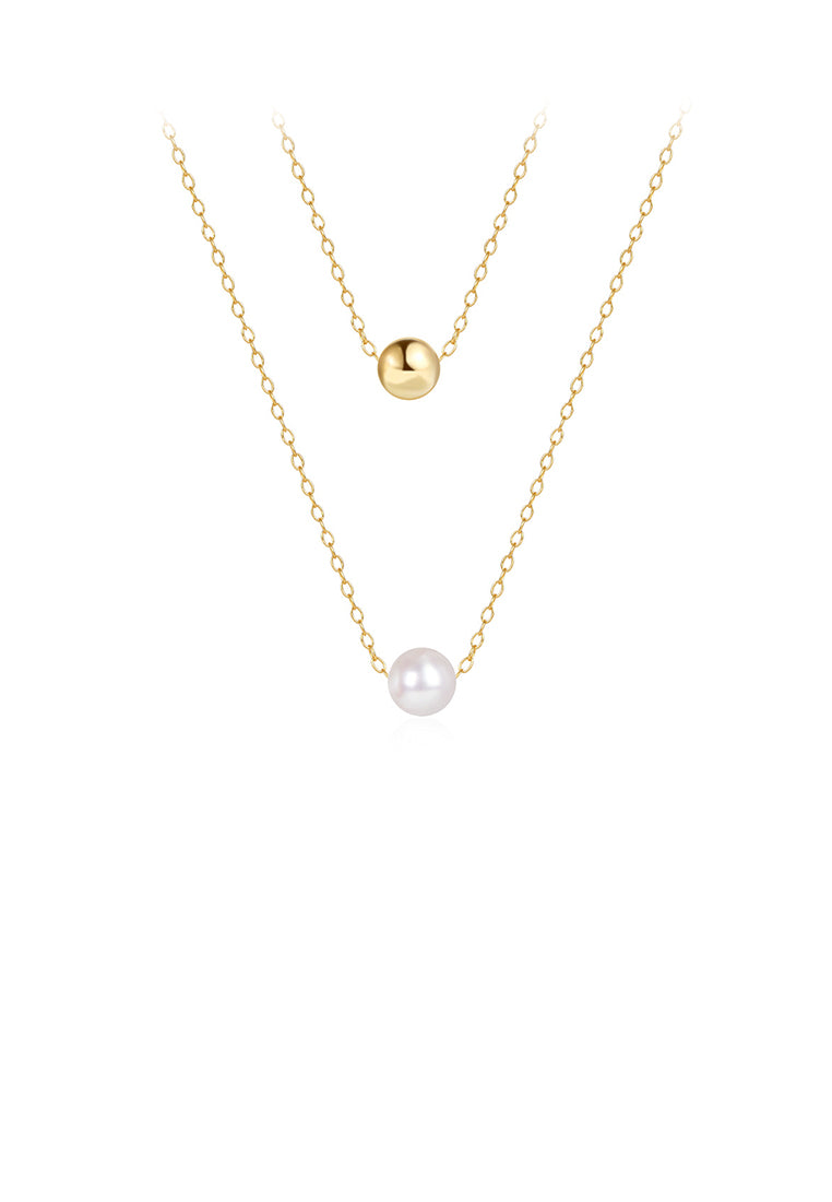 925 Sterling Silver Plated Gold Simple and Fashion Geometric Round Bead Imitation Pearl Pendant with Double Layer Necklace - Luxurious Look
