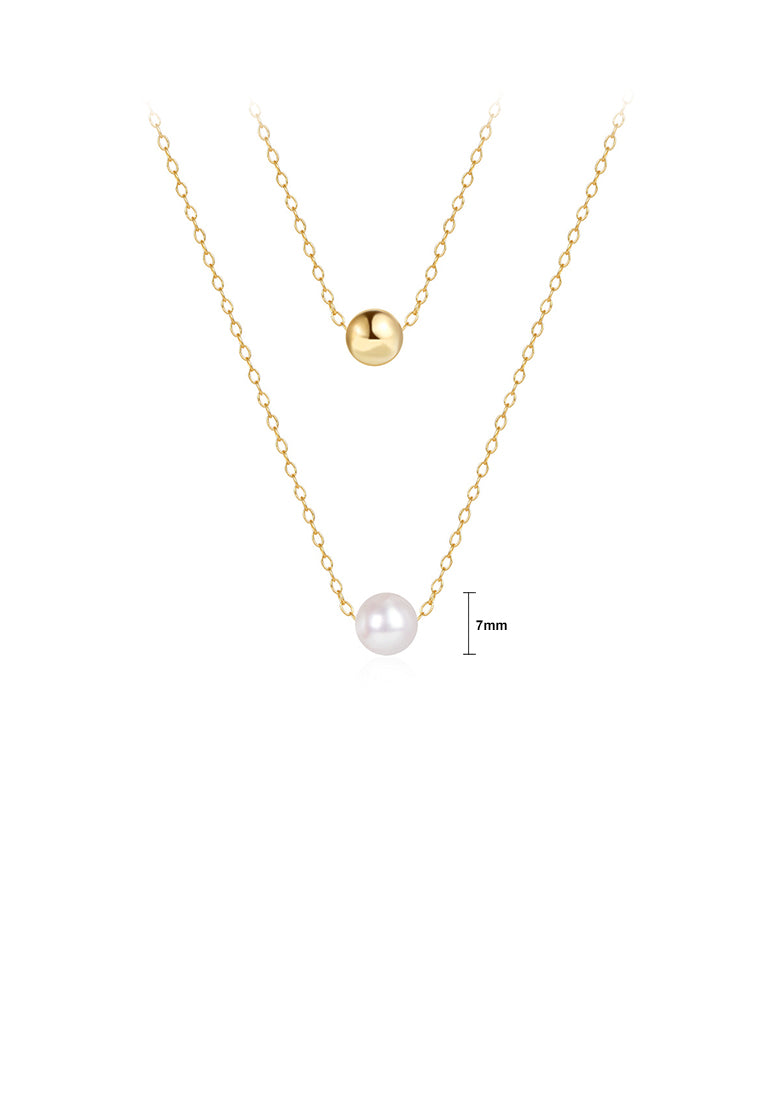 925 Sterling Silver Plated Gold Simple and Fashion Geometric Round Bead Imitation Pearl Pendant with Double Layer Necklace - Luxurious Look