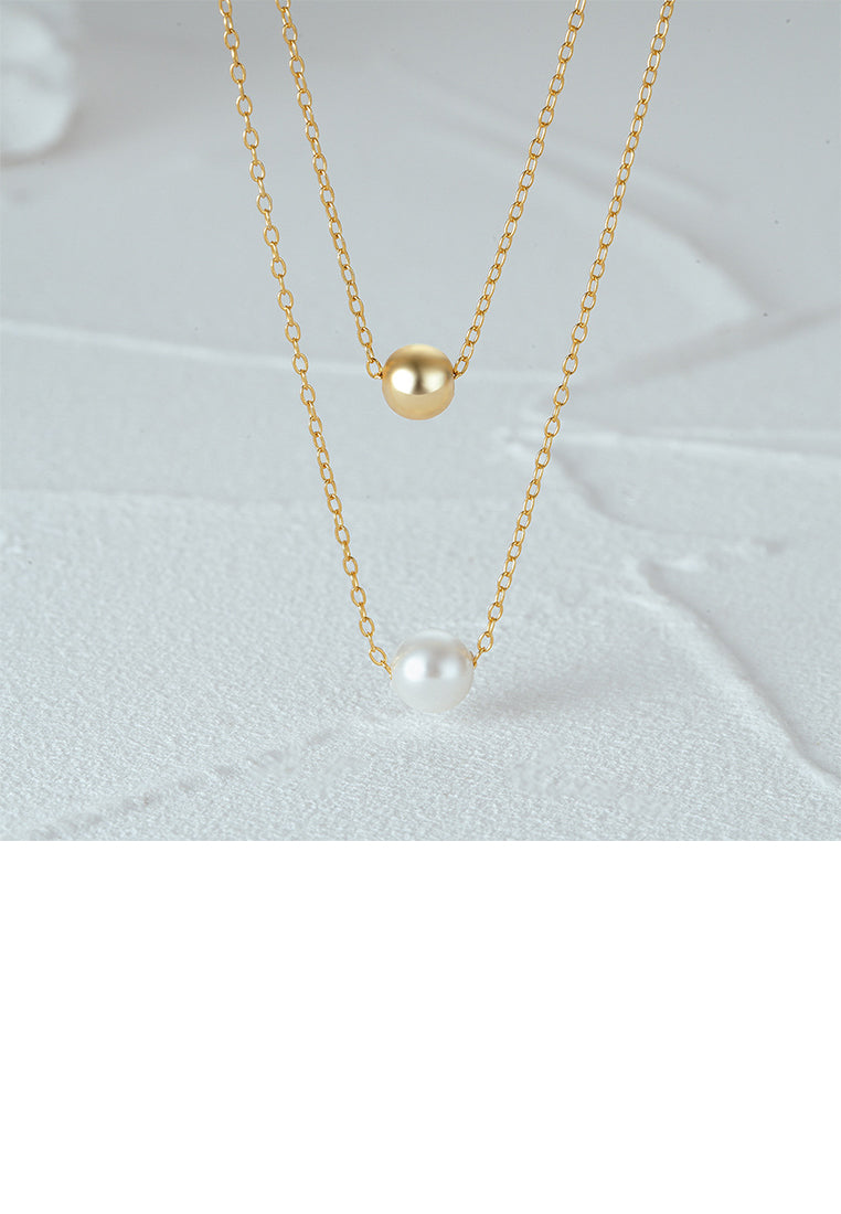 925 Sterling Silver Plated Gold Simple and Fashion Geometric Round Bead Imitation Pearl Pendant with Double Layer Necklace - Luxurious Look