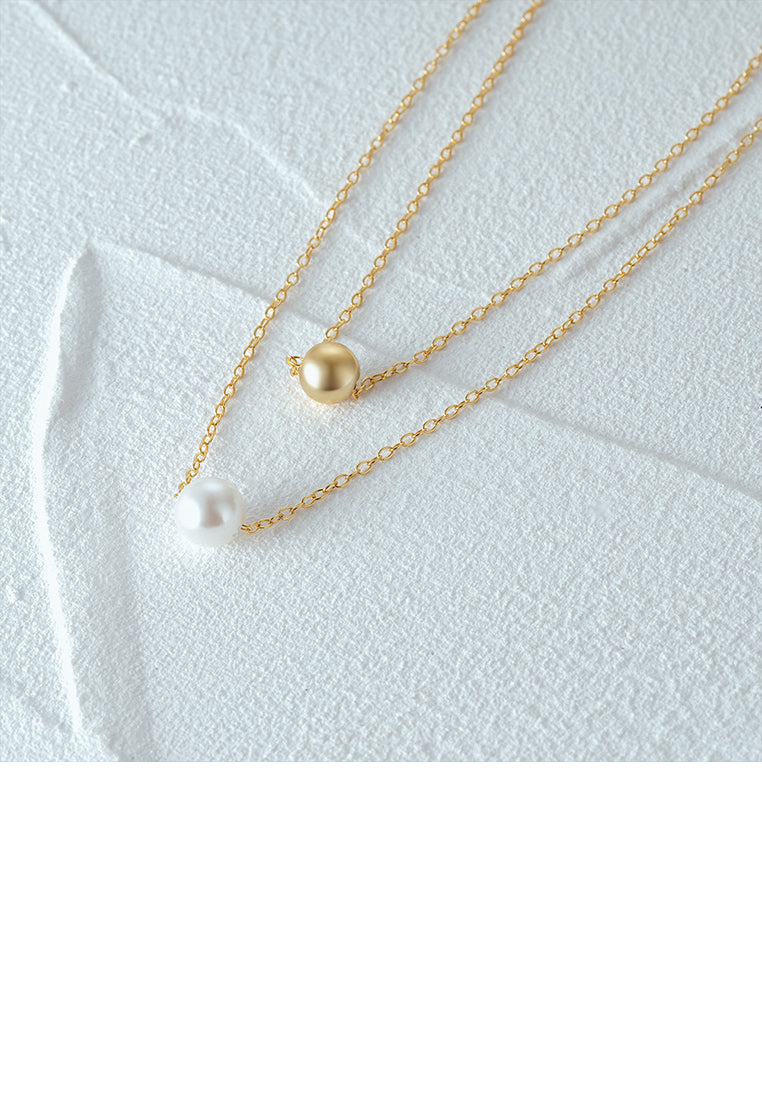 925 Sterling Silver Plated Gold Simple and Fashion Geometric Round Bead Imitation Pearl Pendant with Double Layer Necklace - Luxurious Look