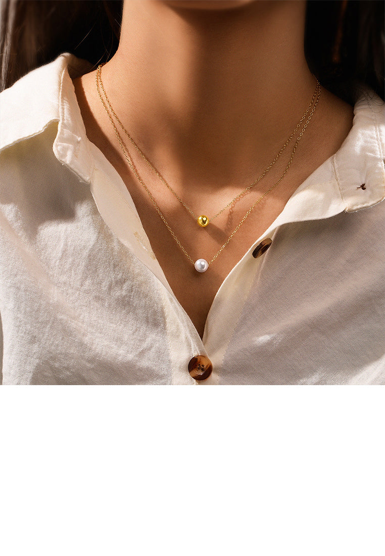 925 Sterling Silver Plated Gold Simple and Fashion Geometric Round Bead Imitation Pearl Pendant with Double Layer Necklace - Luxurious Look