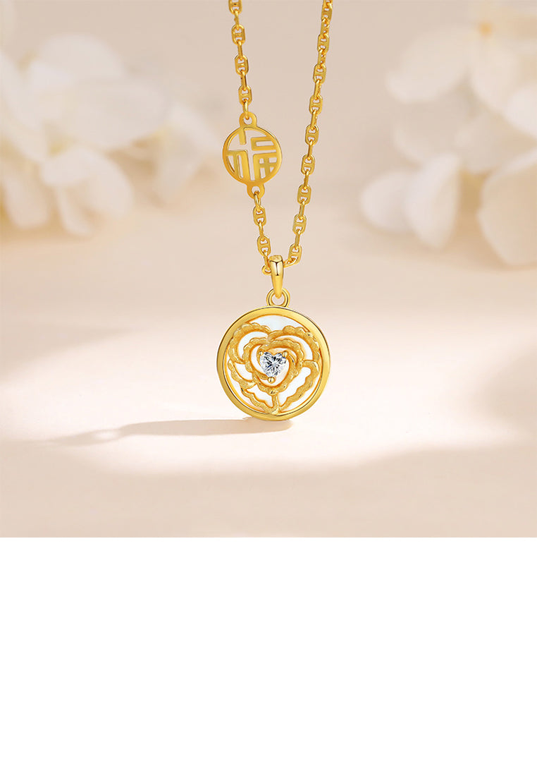 925 Sterling Silver Plated Gold Fashion and Elegant Hollow Carnation Shell Round Pendant with Cubic Zirconia and Necklace - Luxurious Look