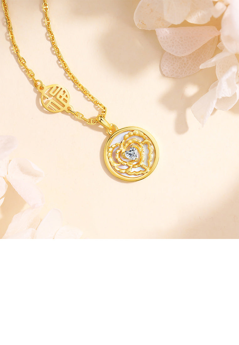 925 Sterling Silver Plated Gold Fashion and Elegant Hollow Carnation Shell Round Pendant with Cubic Zirconia and Necklace - Luxurious Look