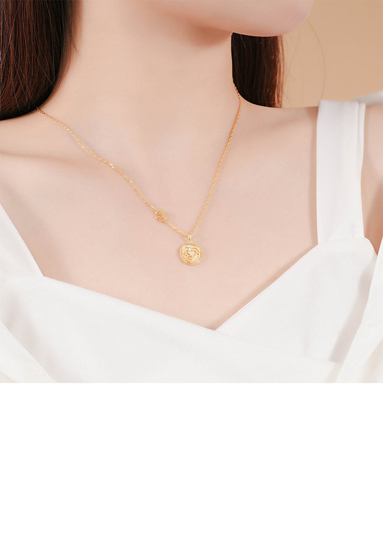 925 Sterling Silver Plated Gold Fashion and Elegant Hollow Carnation Shell Round Pendant with Cubic Zirconia and Necklace - Luxurious Look