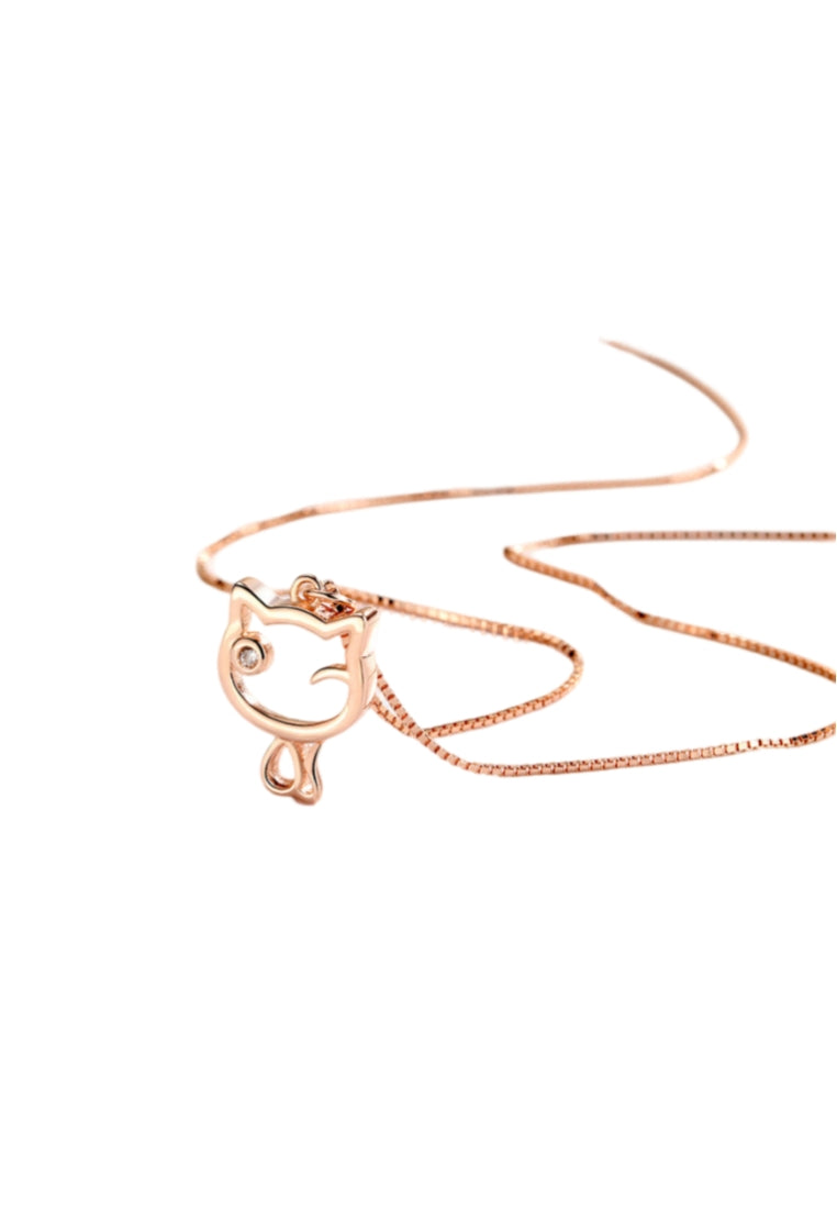925 Sterling Silver Plated Rose Gold Simple Cute Hollow Cat Pendant with Cubic Zirconia and Necklace - Luxurious Look