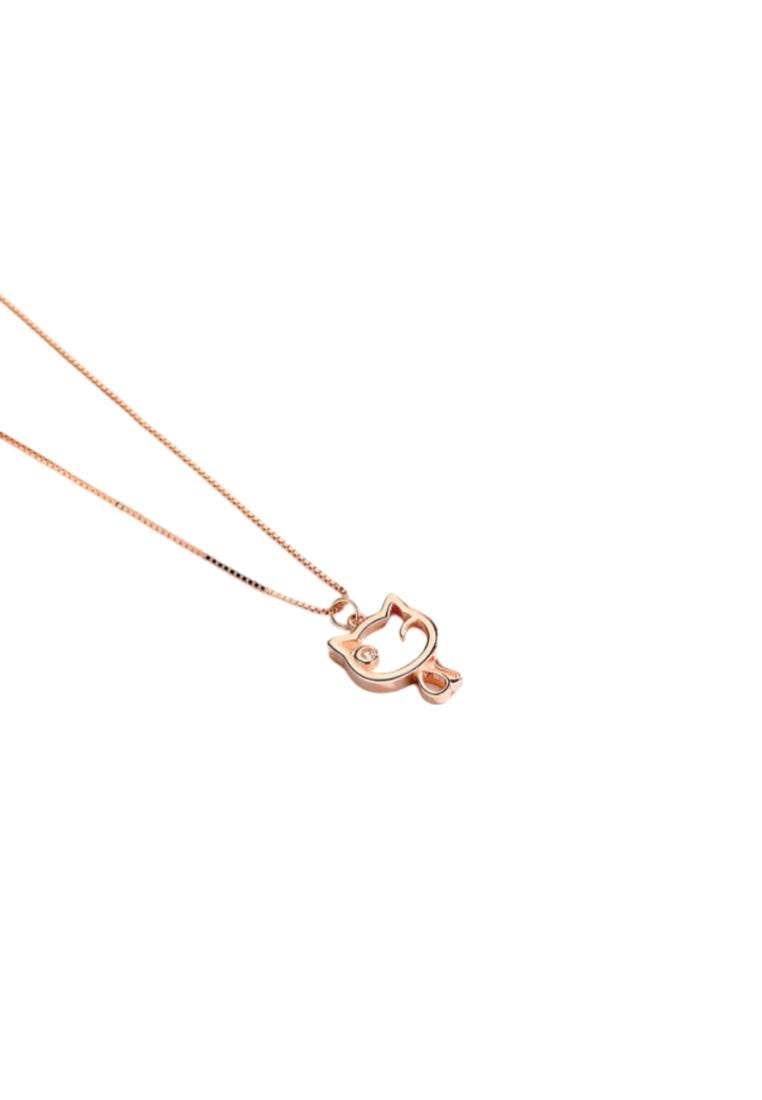 925 Sterling Silver Plated Rose Gold Simple Cute Hollow Cat Pendant with Cubic Zirconia and Necklace - Luxurious Look
