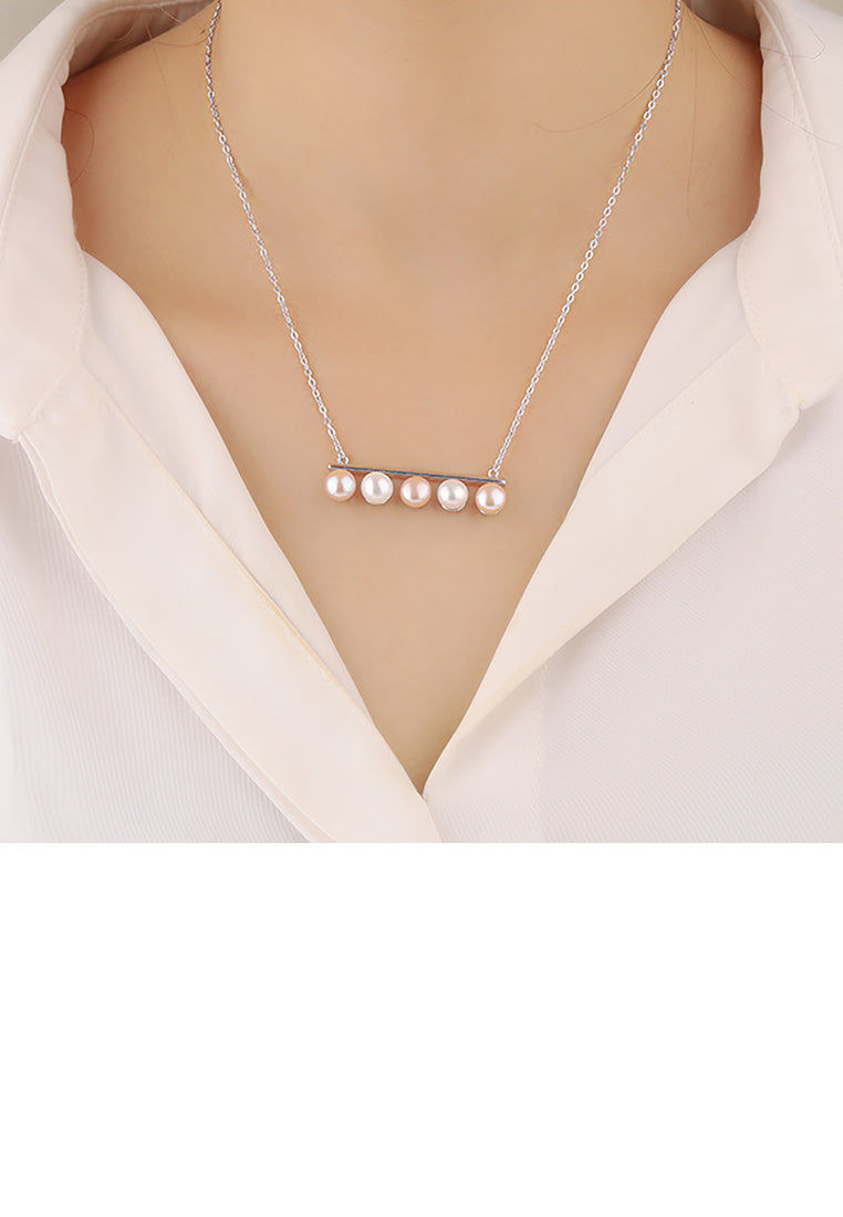 925 Sterling Silver Simple Temperament Geometric Striped Freshwater Pearl Pendant with Necklace - Luxurious Look