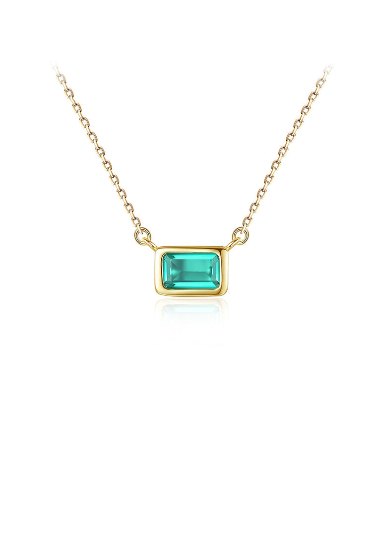 925 Sterling Silver Plated Gold Fashion Simple Geometric Rectangular Pendant with Green Cubic Zirconia and Necklace - Luxurious Look