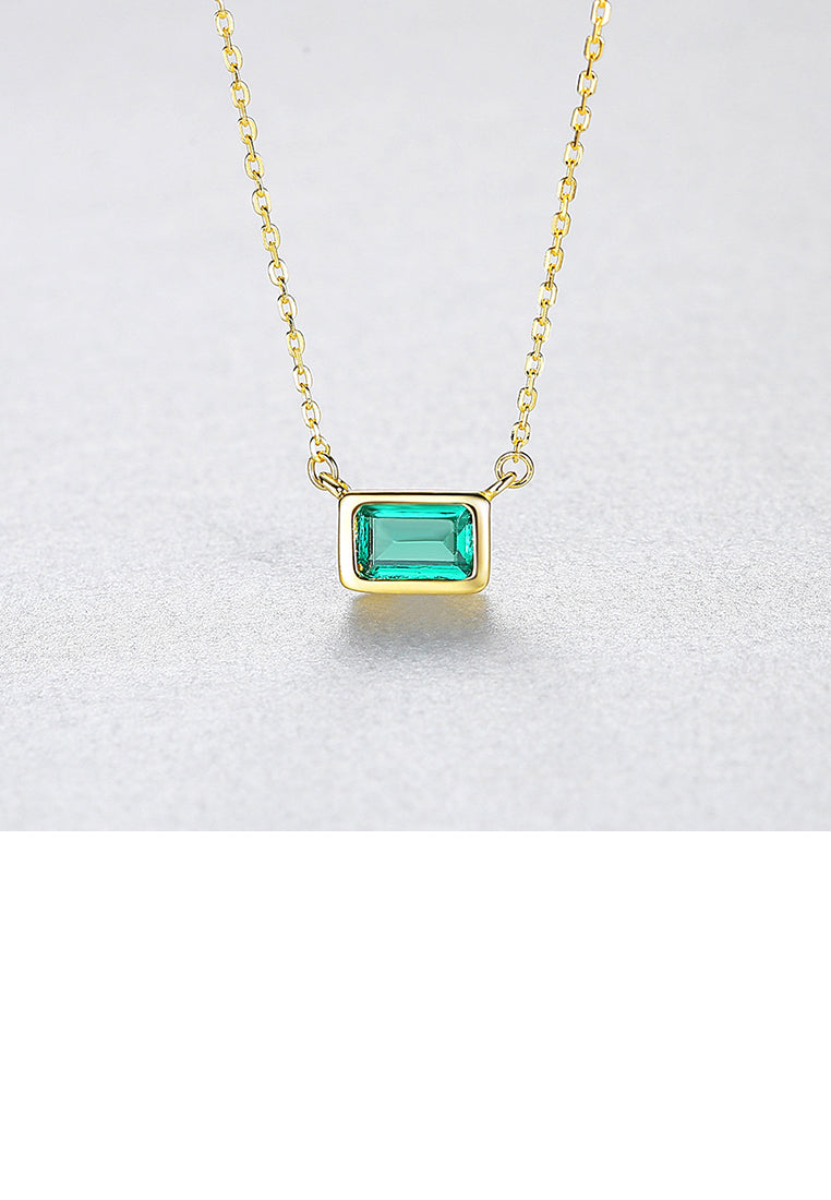 925 Sterling Silver Plated Gold Fashion Simple Geometric Rectangular Pendant with Green Cubic Zirconia and Necklace - Luxurious Look