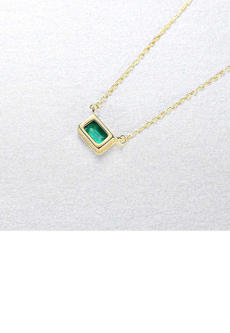 925 Sterling Silver Plated Gold Fashion Simple Geometric Rectangular Pendant with Green Cubic Zirconia and Necklace - Luxurious Look