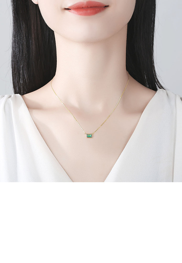 925 Sterling Silver Plated Gold Fashion Simple Geometric Rectangular Pendant with Green Cubic Zirconia and Necklace - Luxurious Look