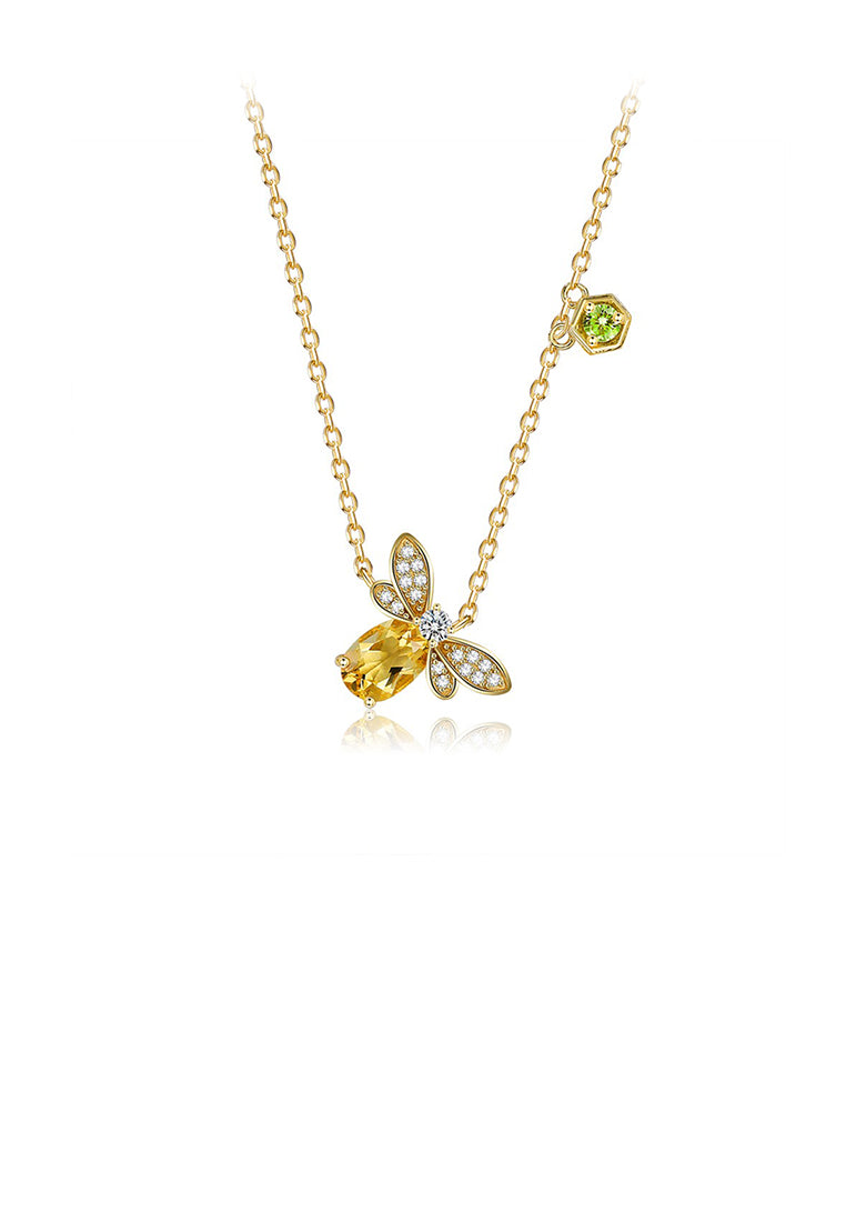 925 Sterling Silver Plated Gold Fashion Cute Bee Pendant with Cubic Zirconia and Necklace - Luxurious Look