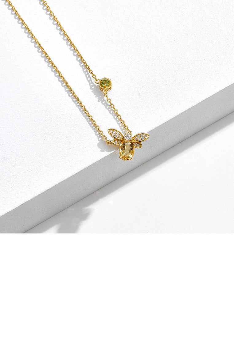 925 Sterling Silver Plated Gold Fashion Cute Bee Pendant with Cubic Zirconia and Necklace - Luxurious Look