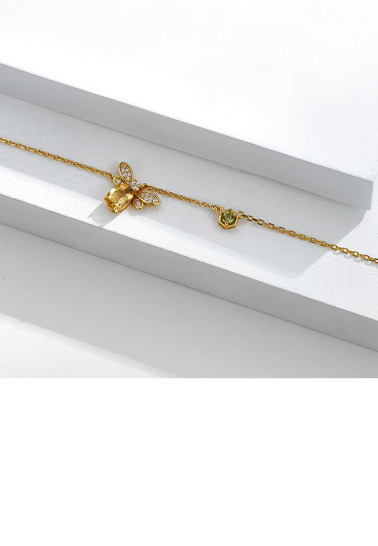 925 Sterling Silver Plated Gold Fashion Cute Bee Pendant with Cubic Zirconia and Necklace - Luxurious Look