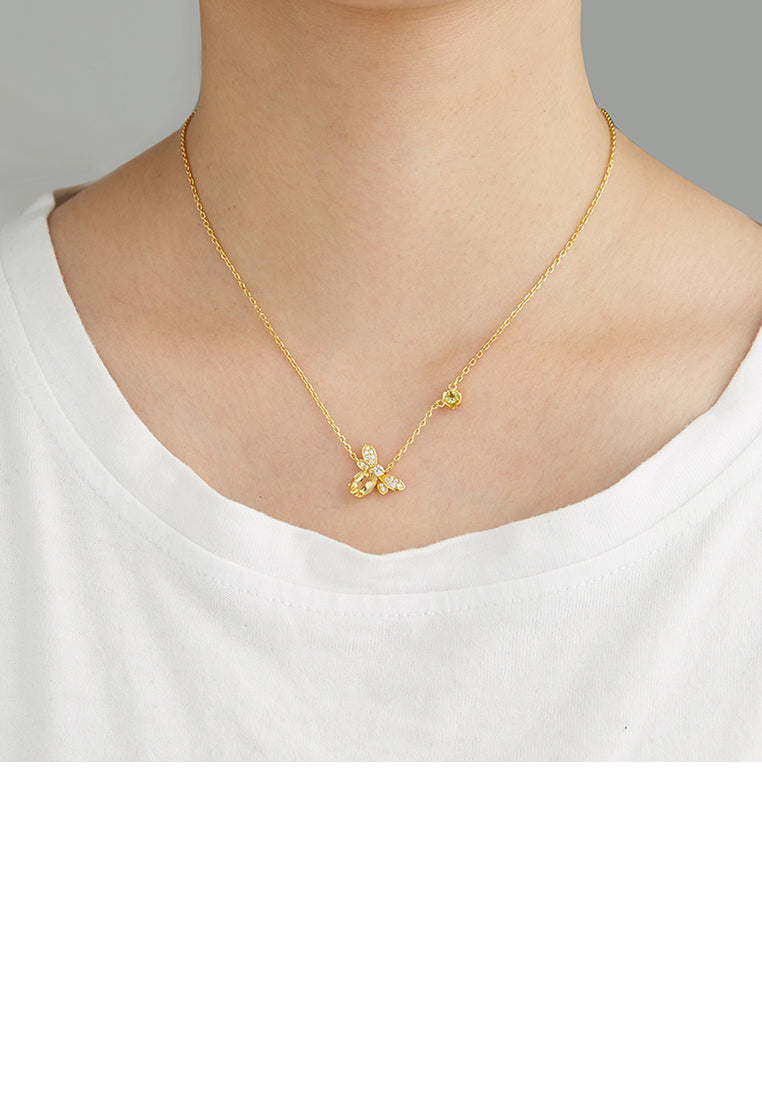 925 Sterling Silver Plated Gold Fashion Cute Bee Pendant with Cubic Zirconia and Necklace - Luxurious Look