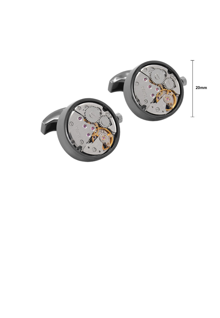 Fashion Personality Plated Black Watch Movement Geometric Round Cufflinks