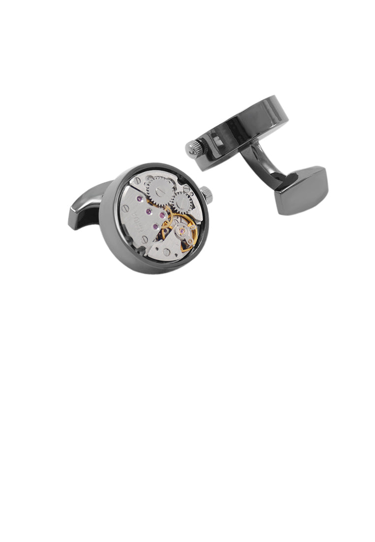 Fashion Personality Plated Black Watch Movement Geometric Round Cufflinks