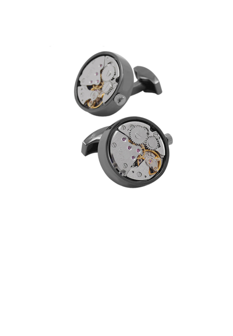 Fashion Personality Plated Black Watch Movement Geometric Round Cufflinks