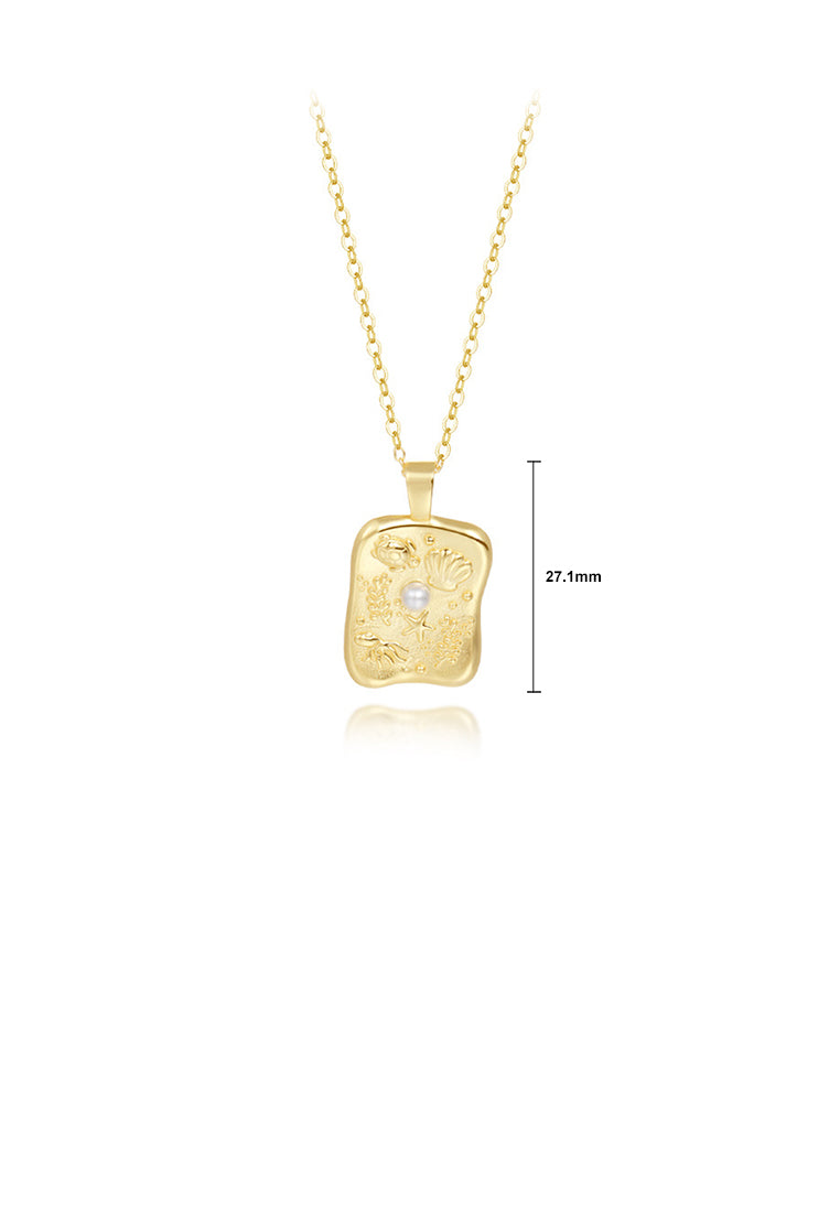 925 Sterling Silver Plated Gold Fashion Creative Embossed Marine Element Irregular Geometric Pendant with Imitation Pearls and Necklace