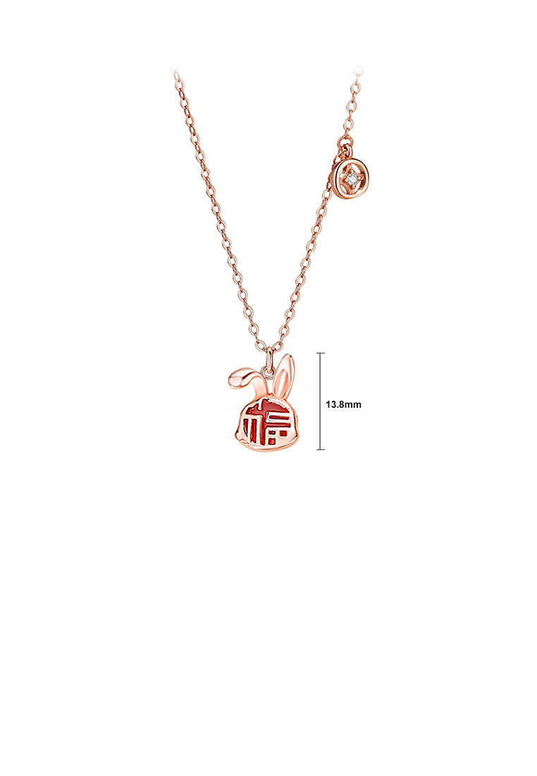 925 Sterling Silver Rose Plated Gold Fashion Vintage Zodiac Rabbit Imitation Agate Pendant with Cubic Zirconia and Necklace - Luxurious Look