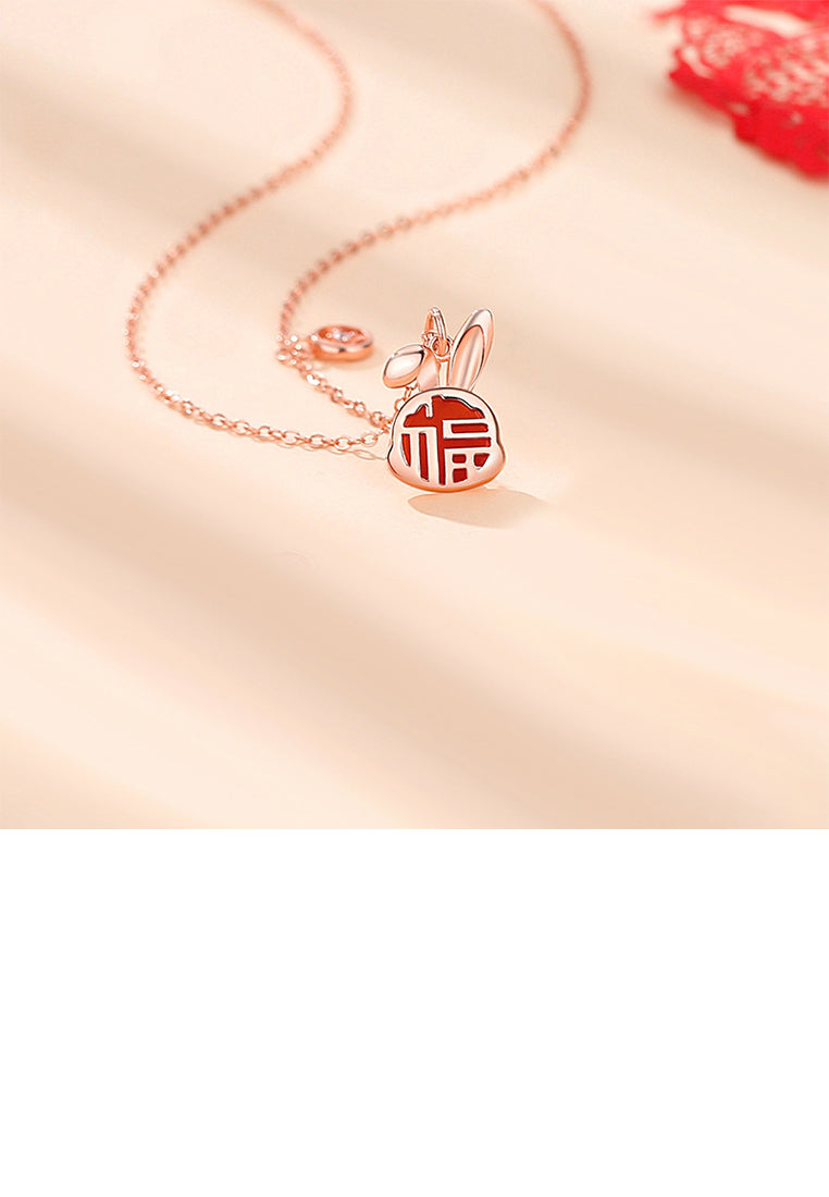 925 Sterling Silver Rose Plated Gold Fashion Vintage Zodiac Rabbit Imitation Agate Pendant with Cubic Zirconia and Necklace - Luxurious Look