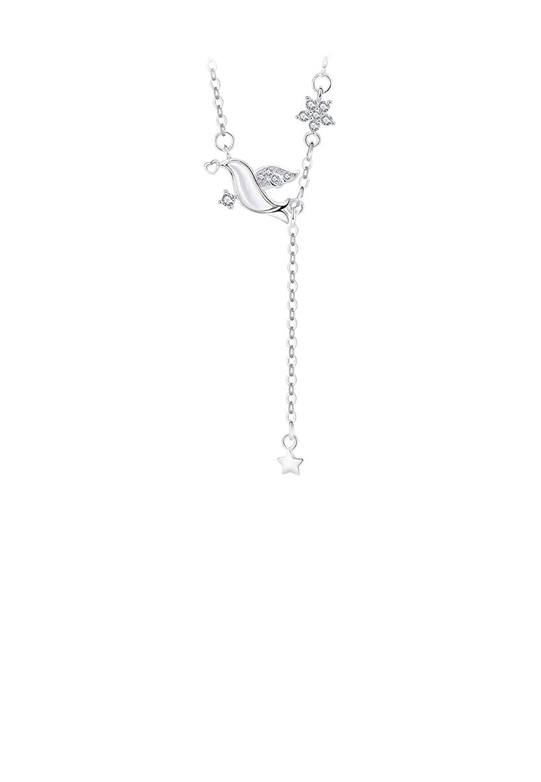 925 Sterling Silver Fashion Simple Bird Flower Tassel Pendant with Cubic Zirconia and Necklace - Luxurious Look