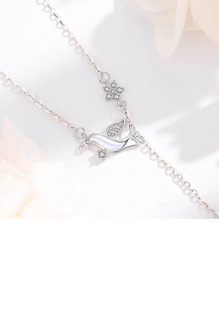 925 Sterling Silver Fashion Simple Bird Flower Tassel Pendant with Cubic Zirconia and Necklace - Luxurious Look