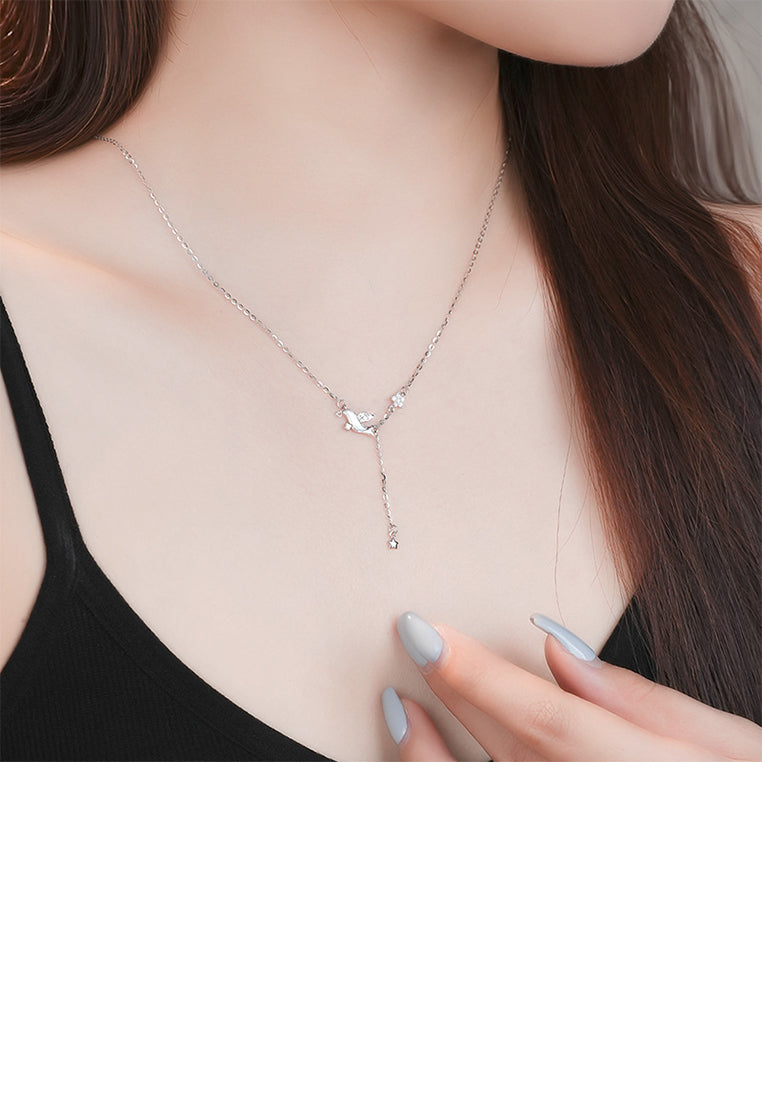 925 Sterling Silver Fashion Simple Bird Flower Tassel Pendant with Cubic Zirconia and Necklace - Luxurious Look