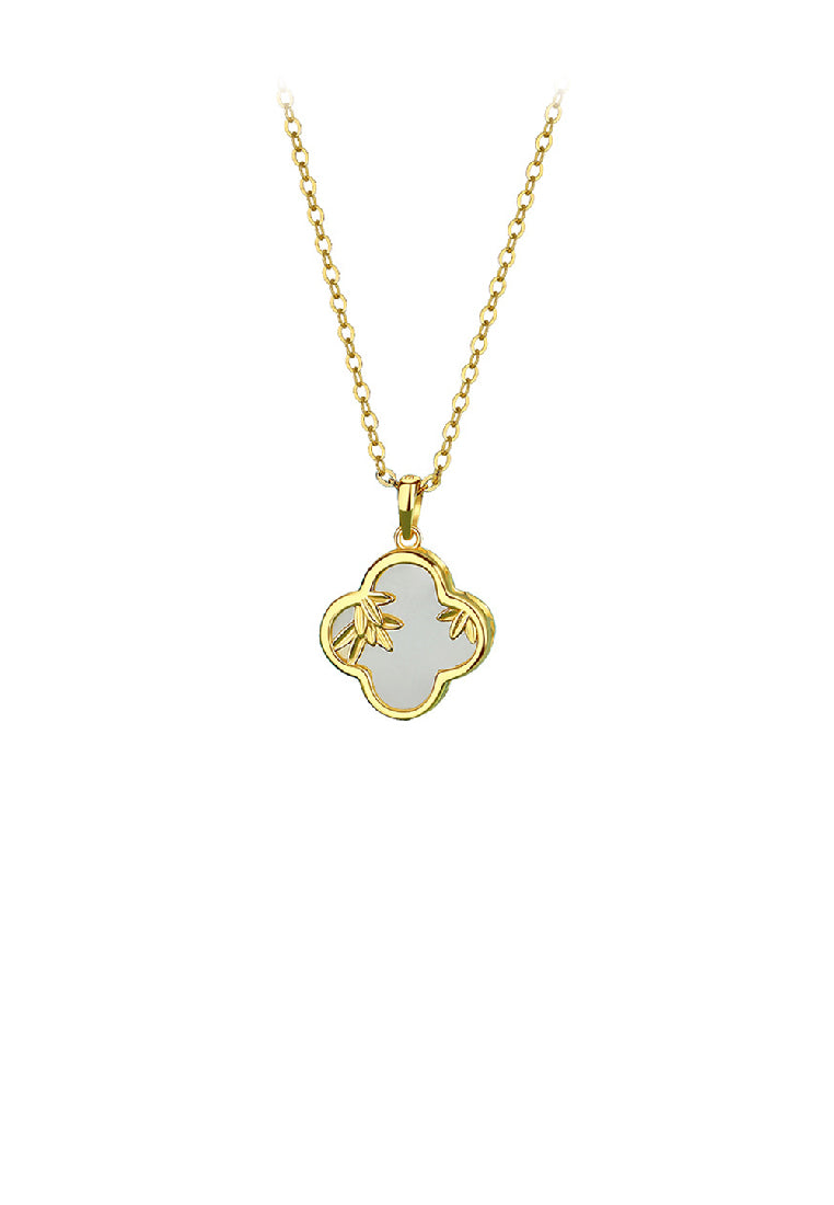 925 Sterling Silver Gold Plated Simple Vintage Leaf Four-leafed Clover Pendant with Necklace