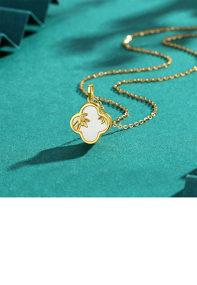 925 Sterling Silver Gold Plated Simple Vintage Leaf Four-leafed Clover Pendant with Necklace