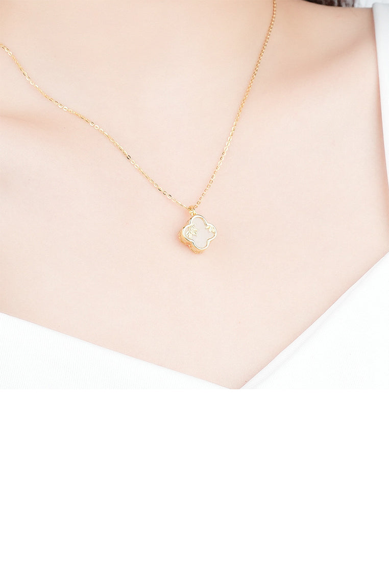 925 Sterling Silver Gold Plated Simple Vintage Leaf Four-leafed Clover Pendant with Necklace