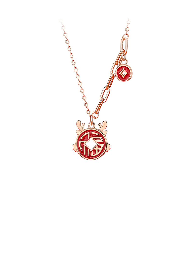 925 Sterling Silver Plated Rose Gold Fashion Vintage Chinese Zodiac Dragon Coin Pendant with Necklace