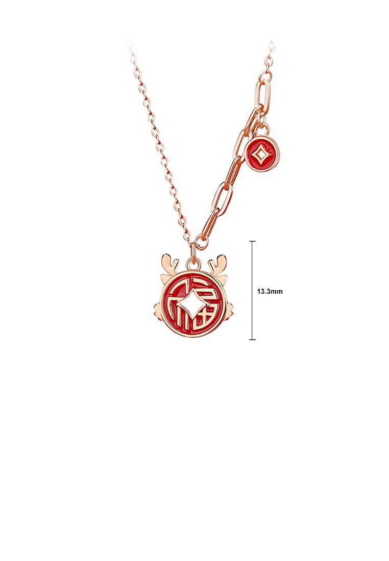 925 Sterling Silver Plated Rose Gold Fashion Vintage Chinese Zodiac Dragon Coin Pendant with Necklace