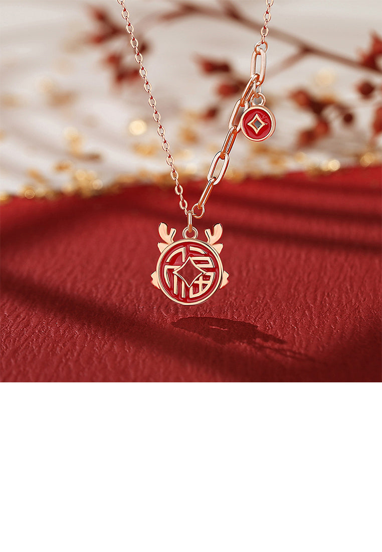 925 Sterling Silver Plated Rose Gold Fashion Vintage Chinese Zodiac Dragon Coin Pendant with Necklace