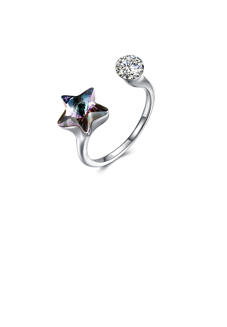 925 Sterling Silver Simple Star Colored Austrian Element Crystal Adjustable Ring