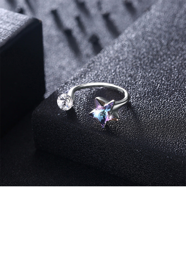 925 Sterling Silver Simple Star Colored Austrian Element Crystal Adjustable Ring